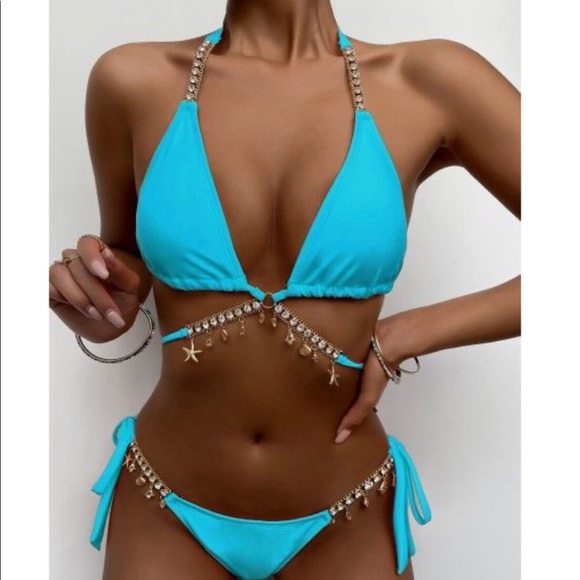 Baby Blue Crystal Rhinestone Halter Tie Bikini Set - Picture 2 of 7